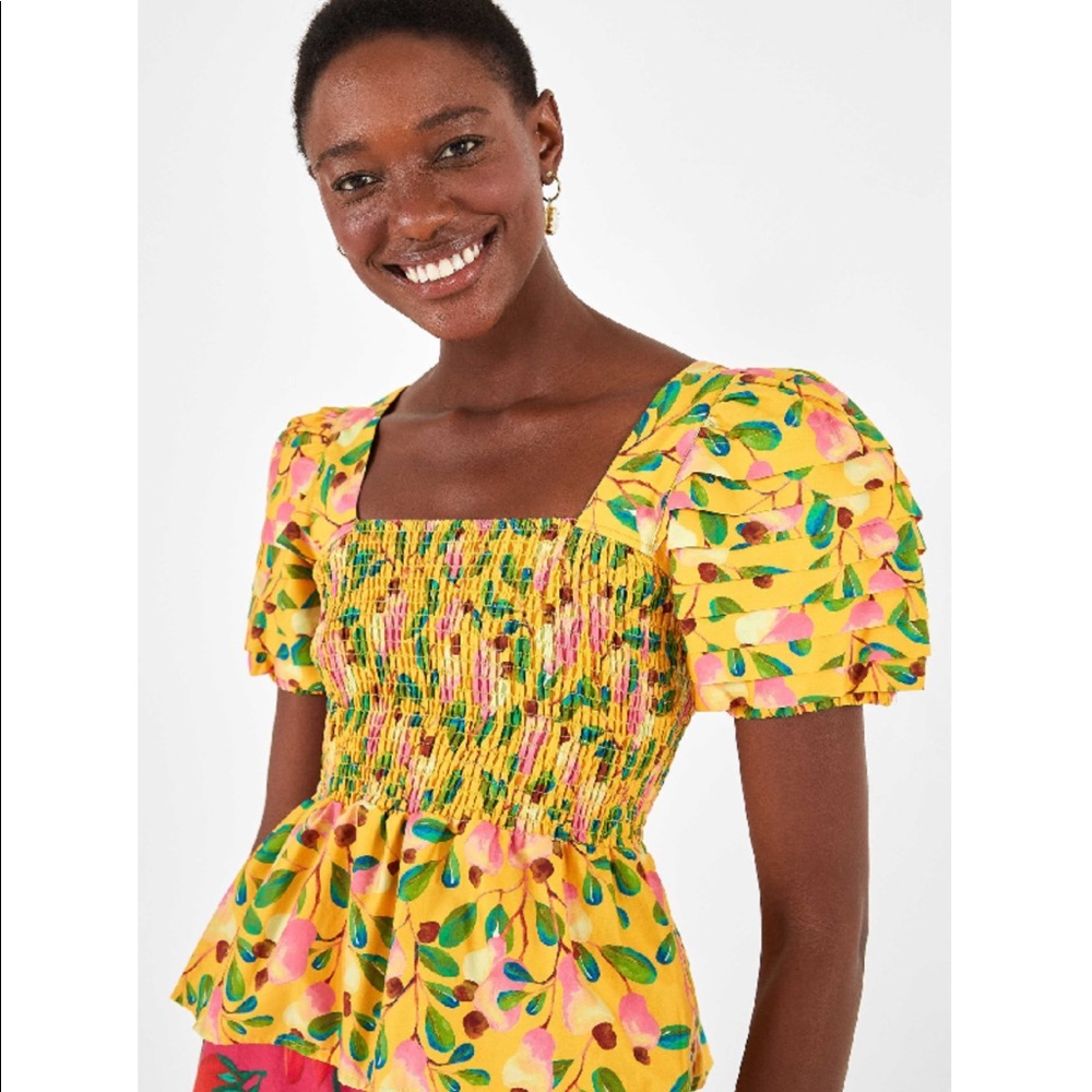 Farm Rio Mini Cashew Smocked yellow Floral Top